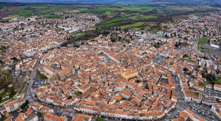 Aerial panoramic view of the old town city SIssoire in France on a sunny day