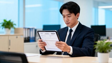 Man in suit reviewing document on tablet