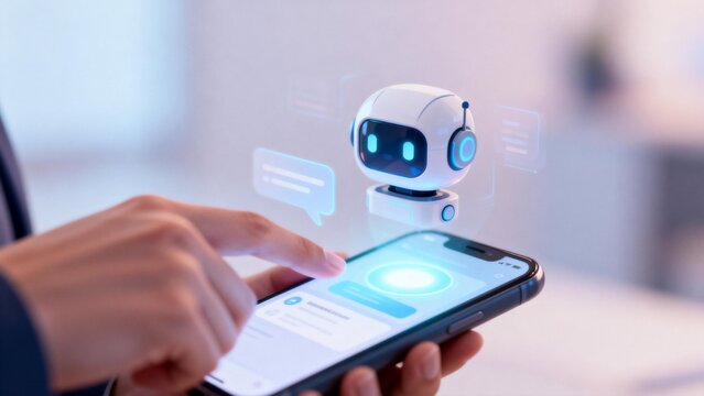 Person using smartphone with holographic robot - Powered by Adobe