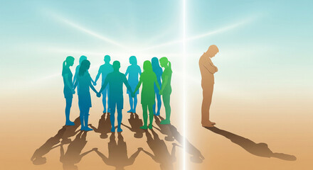 Diverse group of people united together versus isolated individual