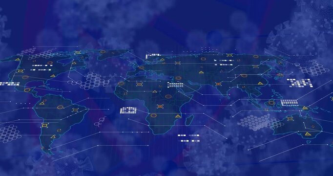 On load world map expanding, hex clusters pulsing, HUD nodes linking, visualizing global spread