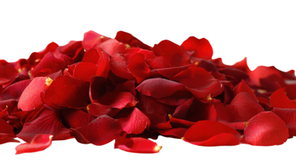 Pile of red rose petals isolated on transparent backdrop for valentine day invitation