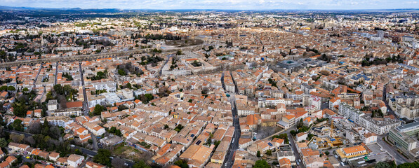 Aerial panoramic view of the old town city Montpellier in France on a sunny day