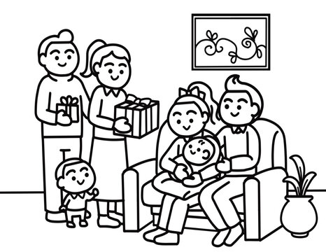 Happy Family Visiting New Born Baby with Gifts Greeting Concept
