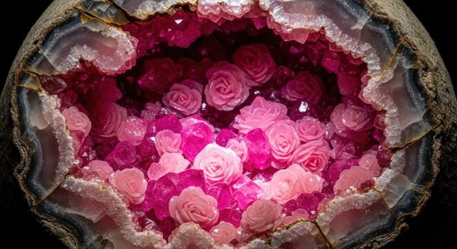 Vibrant pink geode filled with roses and crystals on black background