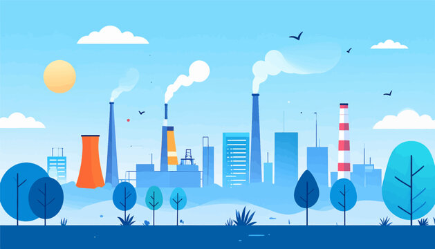 Stylized industrial skyline with smoking chimneys and trees under a bright sun