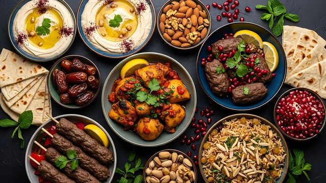 Vibrant middle eastern cuisine spread with diverse dishes and ingredients
