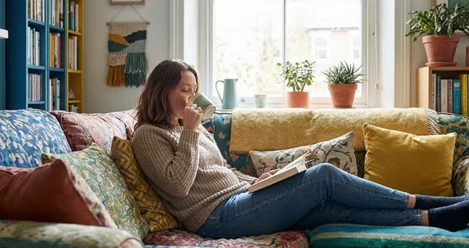 Woman relaxing on sofa reading book and drinking beverage
