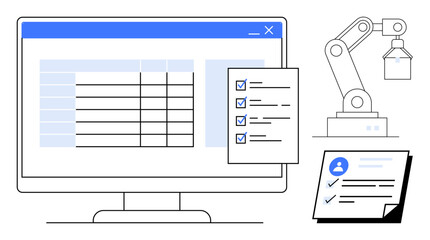 Computer monitor displaying data table, robotic arm beside checklist and user profile document. Ideal for technology, automation, task management, industry, workflow, efficiency data processing. A