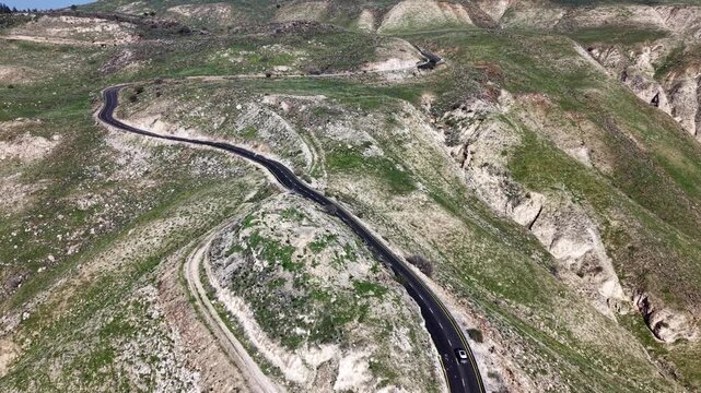 Wide aerial view of the mountainous landscape of the Golan Heights , Israel.