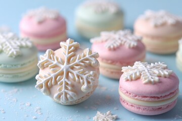 A row of snowflake-shaped pastries with different colors