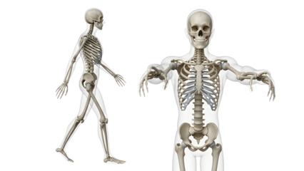 Human skeleton model walking and zombie pose isolated on white background, medical education concept, perfect for anatomy studies