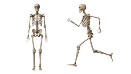 Human skeleton standing and running isolated on white background, anatomy model for medical and educational use