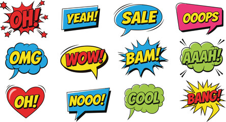 Obraz premium Comic Book Speech Bubbles Set with Pop Art Expressions Wow Bam Sale OMG Wow and Cool for Social Media Marketing Design