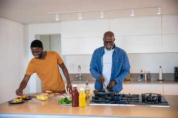 African american father, son stirring in frying pan, arranging vegetables on plates in kitchen