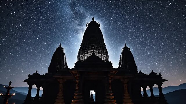 Shani Jayanti Background with Hindu Temple Silhouette Under Starry Night Sky and Cosmic Atmosphere