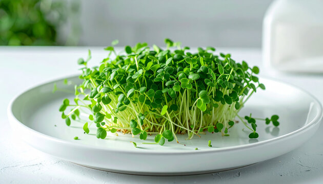 Garden cress sprouts on pristine white plate, vibrant green, culinary styling, fresh harvest
