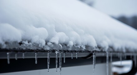 Snow Accumulating on Roof Edge with Icicles for Winter Weather Blogs, Seasonal Home Maintenance Websites, and Cold Climate Awareness Content