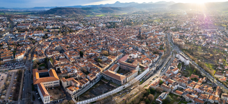Aerial panoramic view of the old town city  Riom in France on a sunny day