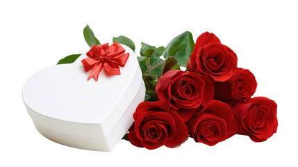 Red roses and white heart gift box with ribbon on transparent background