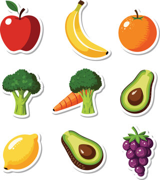 Set of 9 healthy fruit and vegetable stickers including apple, banana, orange, broccoli, carrot, avocado, lemon, and grape &mdash; ideal for nutrition apps, meal planning, kids&rsquo; food education, grocery bran