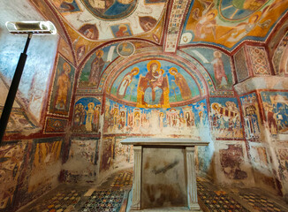 Interior view of the historic Crypt of San Magno in Anagni Cathedral, Lazio, Italy, featuring extensive, well-preserved medieval frescoes and architecture