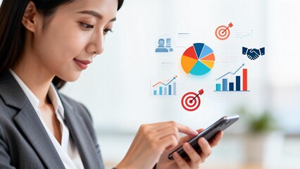 Businesswoman analyzing data on smartphone