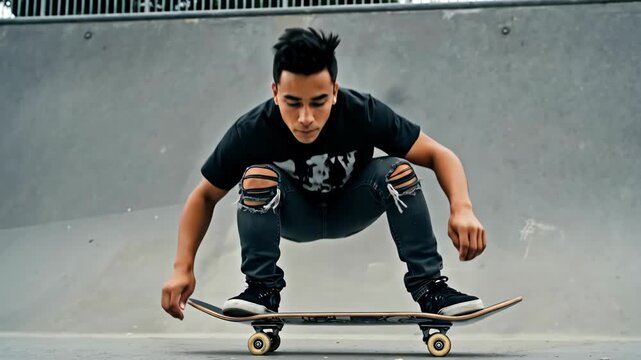 Young man performing a skateboard trick in a skatepark. Slow motion footage of a skateboarder crouching and balancing on his board. Urban sports and youth culture concept