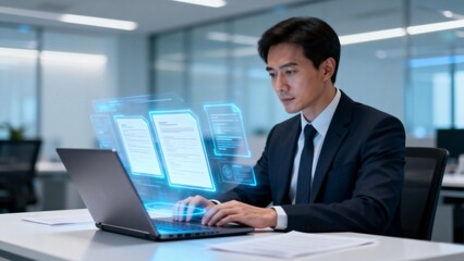 Businessman working on laptop with holographic data