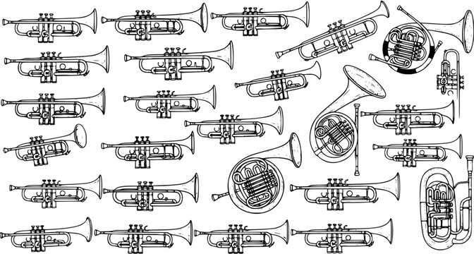 Brass Instruments Seamless Pattern: Trumpet, French Horn, Trombone and Tuba