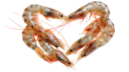 Shrimp forming heart shape on transparent background in full frame macro shot