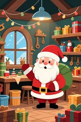Santa Carrying Sack in Workshop