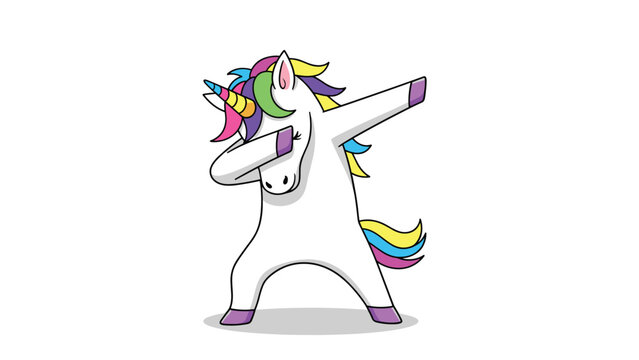 Magical white unicorn with a colorful rainbow mane and tail performing a popular dab dance move on a white background.