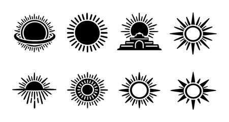 Fototapeta premium Collection of eight black and white sun and eclipse icon designs