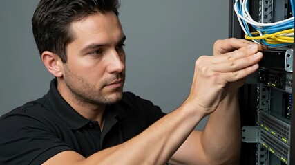 IT technician installing a hard drive in a server rack. Male engineer working on hardware maintenance in a data center. Information technology and data storage concept