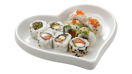 Sushi rolls arranged on white heart shaped plate against transparent background