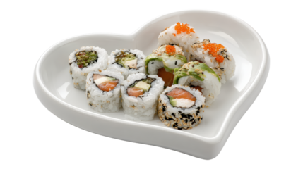 Sushi rolls arranged on white heart shaped plate against transparent background