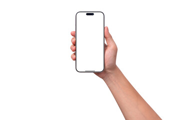 Hand holding smartphone mockup with transparent screen isolated on transparent background. Mobile phone with empty display for copy space.