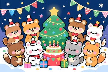 Cute Animals Christmas Cake Party