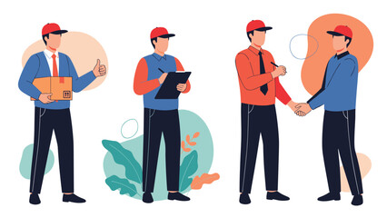 Group of delivery personnel in professional uniforms performing tasks such as carrying packages and shaking hands to finalize a successful shipment.