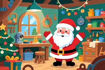 Santa in Gift Workshop Illustration