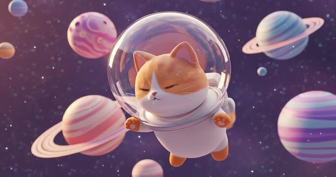 Adorable cartoon cat in a space suit floating among colorful planets in a whimsical galaxy