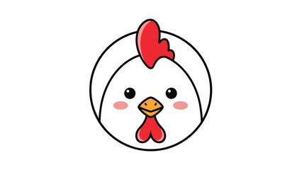 Adorable close-up illustration of a white chicken face with bright red comb, yellow beak, and pink cheeks against a white background.