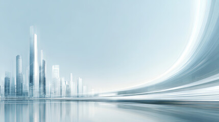 Fototapeta premium Futuristic city skyline with modern skyscrapers and reflective water surface 