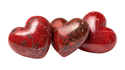 Three red heart shaped gemstones representing love or valentines day gifts concept