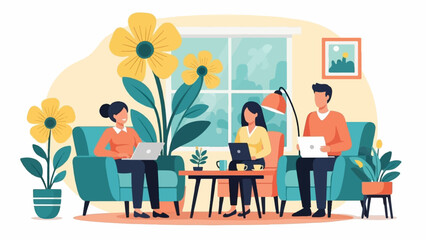 Fototapeta premium Three people in a bright, plant-filled room, each using a laptop on comfortable chairs