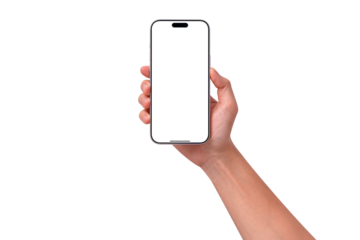 Hand holding smartphone mockup with transparent screen isolated on transparent background. Mobile phone with empty display for copy space.