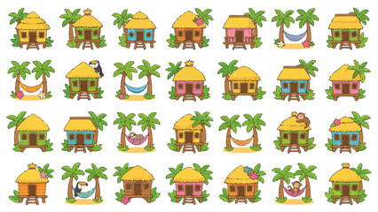 Fototapeta premium Vector icons Collection of Colorful Tropical Huts and Palm Trees with Hammocks Cartoon Style Illustrations. EPS Editable