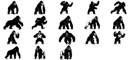 apex presence dynamic gorilla silhouettes embodying unrivaled strength and dominant wilderness spirit set, vector isolated on transparent background