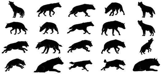 architects of the wild a primal chronicle unveiling the untamed spirit and resilient life of hyena clans set, vector isolated on transparent background